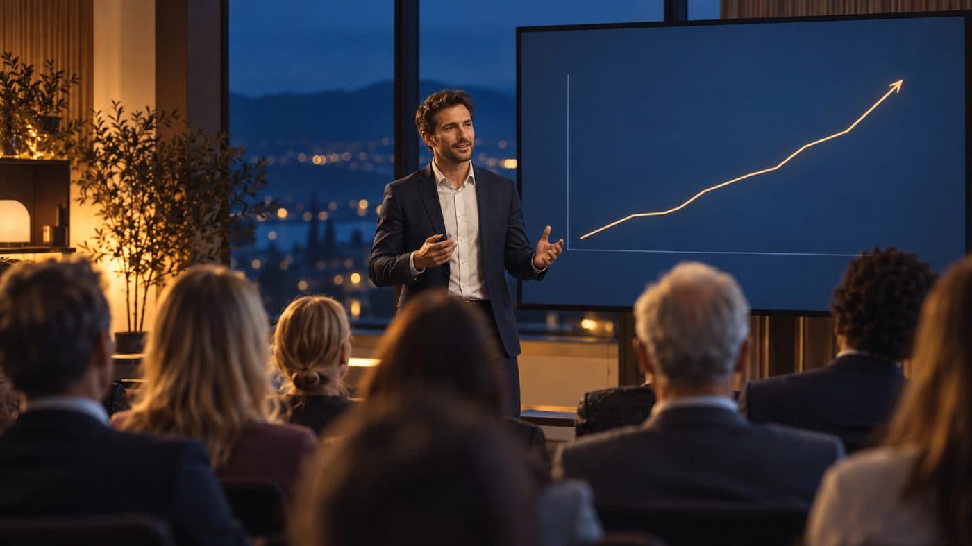 Referent erklärt vor Publikum eine aufsteigende Kurve auf einer Leinwand im Abendlicht.